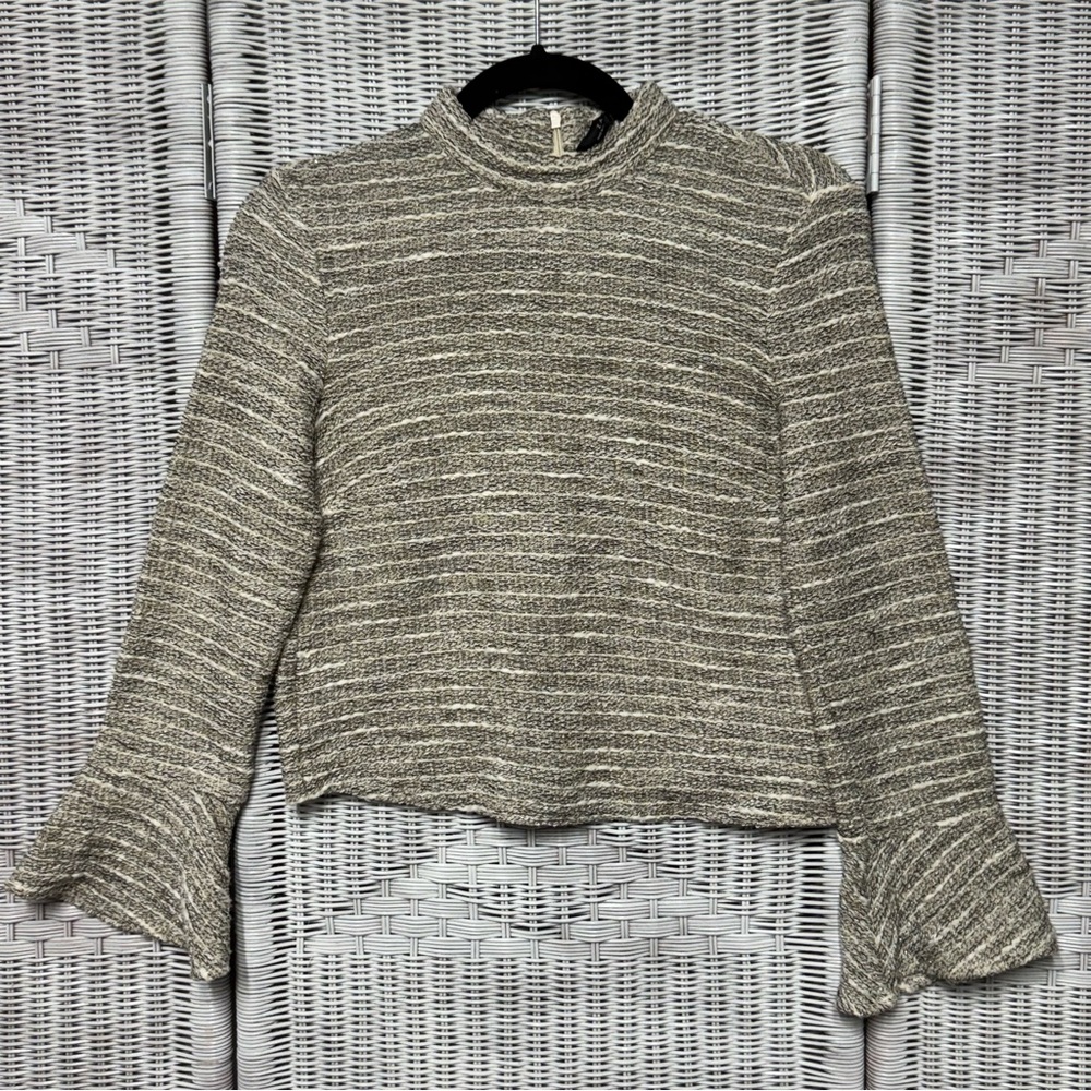 Zara Woman Tweed Mock Neck Bell Sleeve Blouse NWT